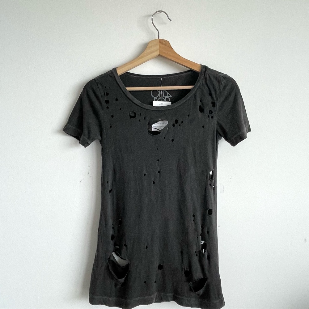 Destroyed and ripped Charcoal, Crew neck Women t-shirt with short sleeves